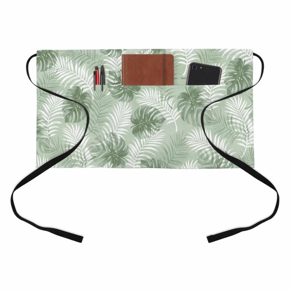 Sage Green Leaf Kitchen Restaurant Half Waist Apron, Modern Green Palm Leaf Monstera Server Short Apron with 3 Pockets Waterproof Oil Waist Aprons for Women Waitress Waiter
