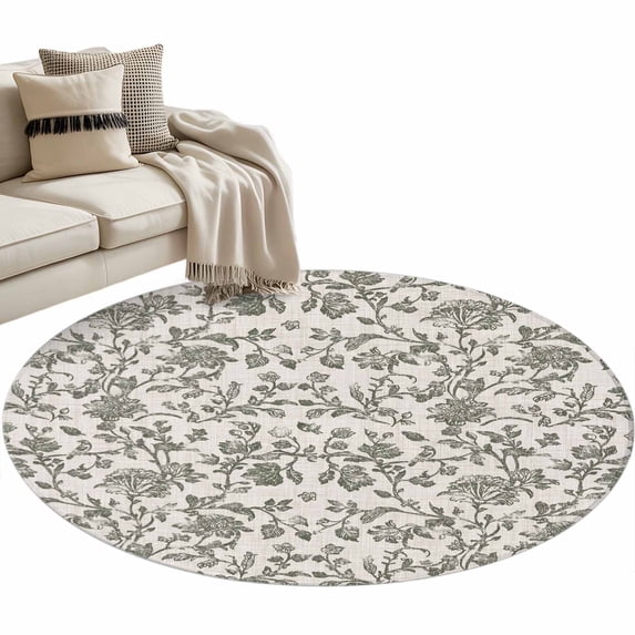 Sage Green Leaf Large Area Rugs for Bedroom Living Room, Soft Non Slip Carpet Bedside Rug, Retro Farmhouse Plant Floral Branch Round Floor Cover Kitchen Accent Rug 3' for Dining Room/Office