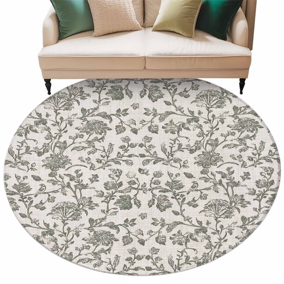 Sage Green Leaf Large Area Rugs for Bedroom Living Room, Soft Non Slip Carpet Bedside Rug, Retro Farmhouse Plant Floral Branch Round Floor Cover Kitchen Accent Rug 7' for Dining Room/Office
