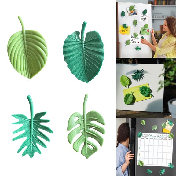 4-Pack Tropical Leaf Magnets for Fridge, Textured Green Plant designs, Reliable Magnetic Strength, Ideal for Displaying Photos Holding Reminders in Sage Green Home decor Areas