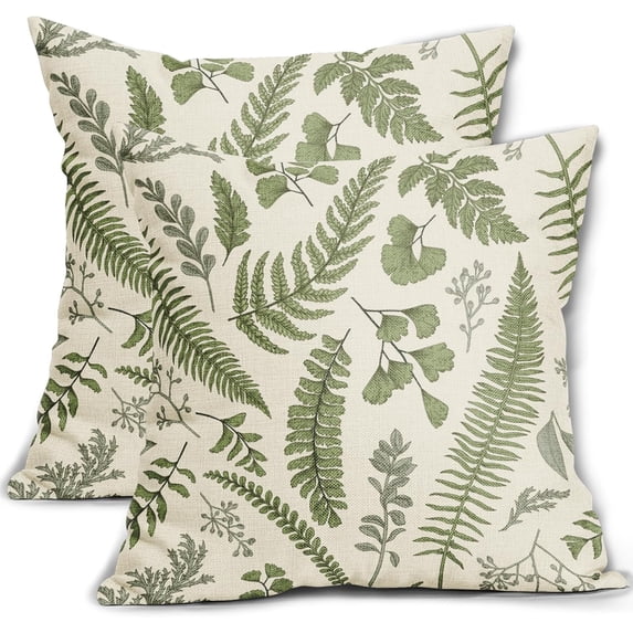 Sage Green Leaf Pillow Covers 16x16 Set of 2 Vintage Style Sage Herbs Fern Floral Botanical Plant Print Spring Decorative Throw Pillow Cases Outdoor Seasonal Farmhouse Decor for Sofa Couch Bed