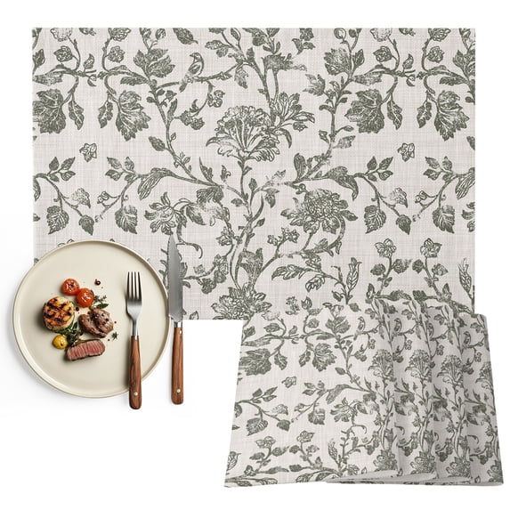Sage Green Leaf Placemats Set of 2, Retro Farmhouse Plant Floral Branch Washable Wipeable Table Mats for Dining Tables, Indoor Outdoor Kitchen Place Mats for Holiday Party Table Decor