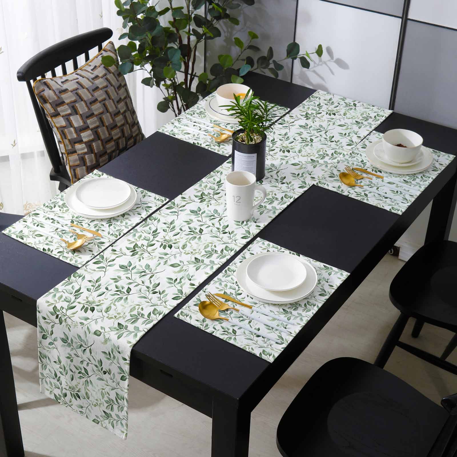 Sage Green Leaf Placemats Set of 6 with 90 Inches Long Table Runners ...