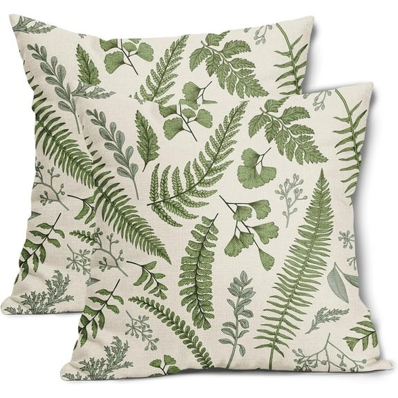 Sage Green Leaf Plant Pillow Covers 18X18 Inch Set of 2 Tropical Fern Herbs Botanical Leaves Floral Decorative Pillow Cases Vintage Cushion Case Farmhouse Home Decor for Couch Sofa Porch Outdoor