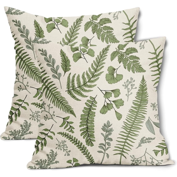 Sage Green Leaf Plant Pillow Covers 18X18 Inch Set of 2 Tropical Fern Herbs Botanical Leaves Floral Decorative Pillow Cases Vintage Cushion Case Farmhouse Home Decor for Couch Sofa Porch Outdoor