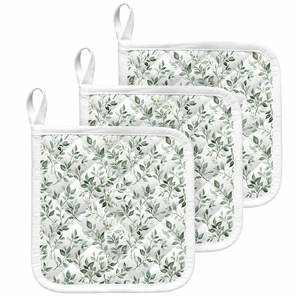 Sage Green Leaf Pot Holders for Kitchen Heatproof Potholder, 3 Pack Country Eucalyptus Nature Plant Branch Hot Pads Multipurpose Oven Pads Cloth Potholders Trivet for Cooking Baking