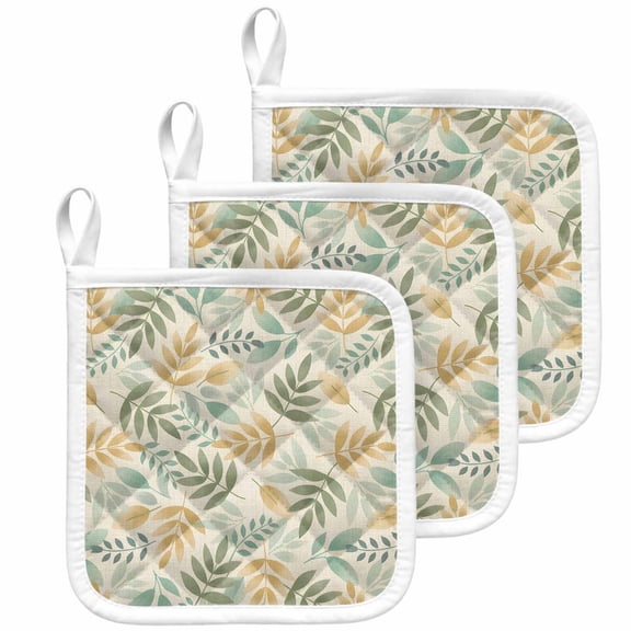 Sage Green Leaf Pot Holders for Kitchen Heatproof Potholder, 3 Pack Nature Plant Branch Fall Botanical Hot Pads Multipurpose Oven Pads Cloth Potholders Trivet for Cooking Baking