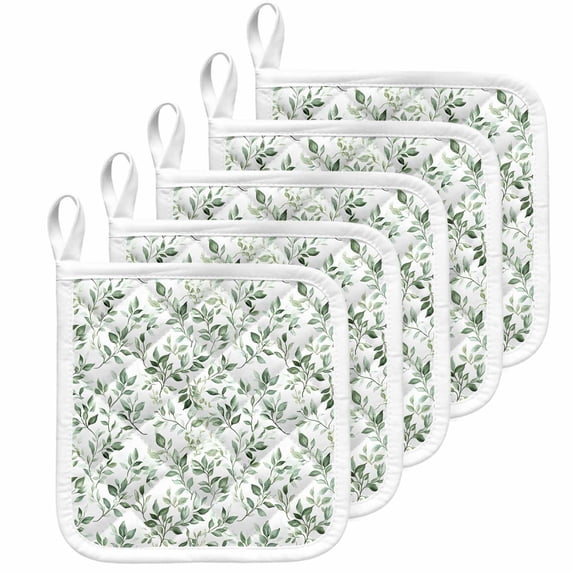 Sage Green Leaf Pot Holders for Kitchen Heatproof Potholder, 5 Pack Country Eucalyptus Nature Plant Branch Hot Pads Multipurpose Oven Pads Cloth Potholders Trivet for Cooking Baking