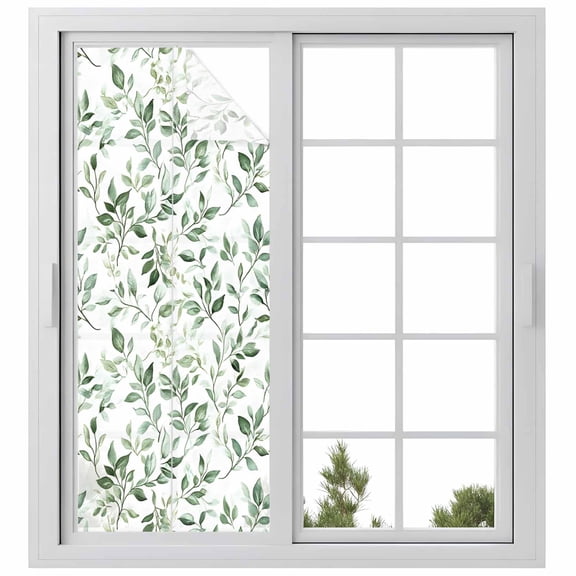 Sage Green Leaf Privacy Window Film, Decorative Frosted Glass Window Film, Country Eucalyptus Nature Plant Branch Reusable Peel and Stick Static Cling for Home Bathroom Office Glass Door 23.6"x59"