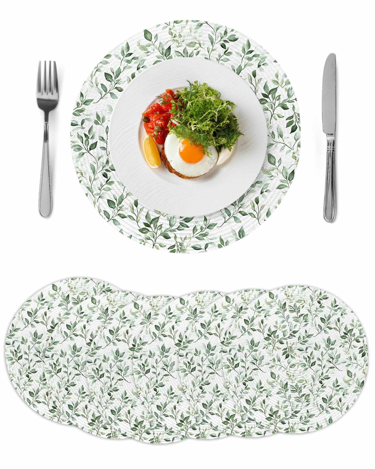 Sage Green Leaf Round 13 Inch Placemats Set of 6, Country Eucalyptus ...