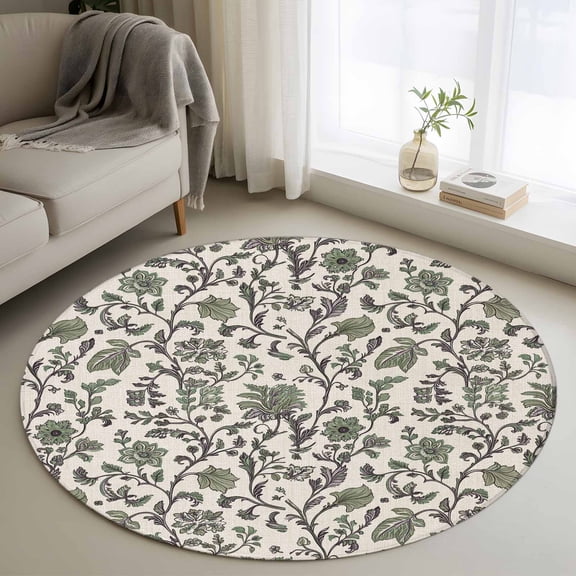 Sage Green Leaf Round Area Rug 4ft, Vintage Farmhouse Boho Pastoral Tribal Washable Non-Slip Circle Rugs for Bedroom Living Room Kitchen, Soft Non Shedding Circle Carpet for Dining Room Dorm