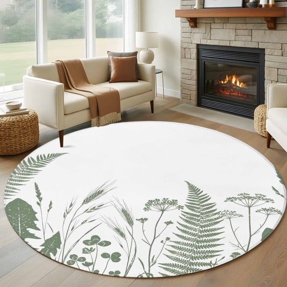 Sage Green Leaf Round Rugs for Living Room 7ft Country Green Ferns Dandelion Wild Grass Non Slip Circle Rug Washable Low-Profile Indoor Carpet for Bedroom, Dining Room, Bathroom