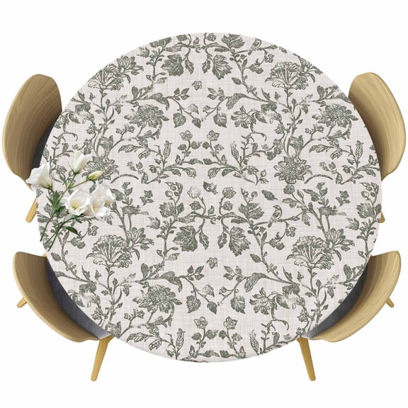 Sage Green Leaf Round Tablecloth 36-44 Inch Round Fitted Table Cloth with Elastic Edge, Retro Farmhouse Plant Floral Branch Waterproof Table Cover Protector for Outdoor Picnic Party Dining