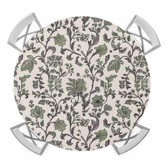 Sage Green Leaf Round Tablecloth for 36-44 Inch Tables,Fitted Table Cover with Elastic Edge,Vintage Farmhouse Boho Pastoral Tribal Waterproof Outdoor Table Cloth Protector for Patio Garden Dinner