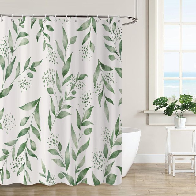 Sage Green Leaf Shower Curtain, Green and Beige Watercolor Botanical