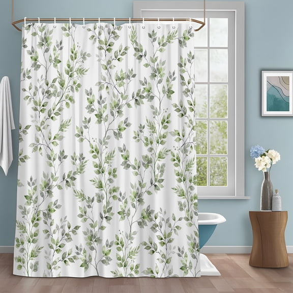 Sage Green Leaf Shower Curtain with Hooks, Watercolor Floral Vine Branch Rustic Country Water Repellent Shower Curtains for Bathroom Decor Sturdy Shower Curtain, Machine Washable 36x72 Inch