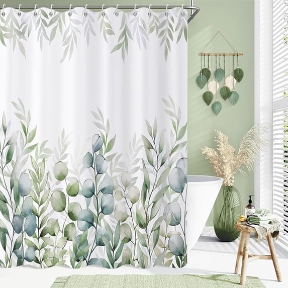 Sage Green Leaf Shower Curtain, Spring Sage Green And Blue Watercolor Eucalyptus Leaves Botanical Plants Bathroom Curtain Waterproof Fabric Machine Washable With Hooks 65"W x 72"L