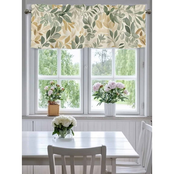 Sage Green Leaf Spring Plant Valances for Windows,Kitchen Valance Rod Pocket Short Curtain,Country Leaves Seamless Valance Curtain Window Valances for Bedroom Living Room 42"x18"