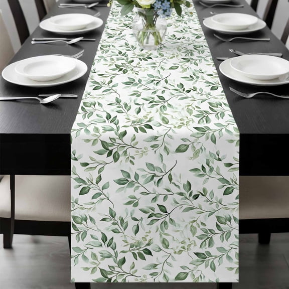 Sage Green Leaf Table Runner 48 Inches Long, Country Eucalyptus Nature Plant Branch Kitchen Coffee Dining Table Decoration for Home Party Birthday Wedding Home Decor 13x48 Inches