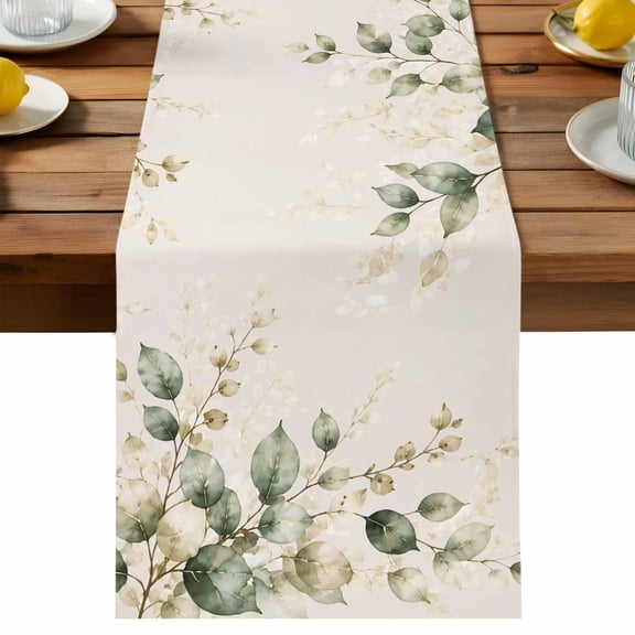 Sage Green Leaf Table Runner, Botanical Watercolor Eucalyptus Leaves Beige Cotton Linen Kitchen Dining Table Runner Home Decor for Party Festival Holiday Decoration Gift 13x36in