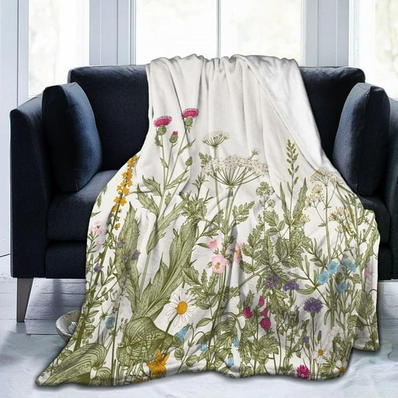 Sage Green Leaf Vintage Floral Herb Blanket, Soft Blankets Flannel Bed Throw Cozy Lightweight Plush Gifts for Women Girls Sofa Couch Bedroom Living Rooms Warm All Season, Home Decor, 60"x50"