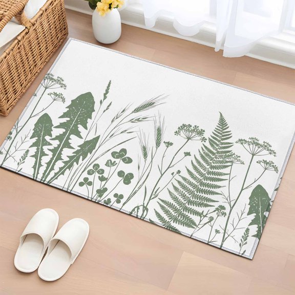Sage Green Leaf Washable Area Rug 2 x 3 ft Country Green Ferns Dandelion Wild Grass , Soft Non Slip Rugs Stain Repellent Indoor Felt Carpet for Living Dining Room Bedroom Home Office