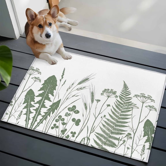 Sage Green Leaf Washable Entry Rug 2x3 Country Green Ferns Dandelion Wild Grass Low Pile Indoor Door Mat with Rubber Backing Thin Area Rug for for Entrance, Bedroom, Kitchen, Laundry, Bathroom
