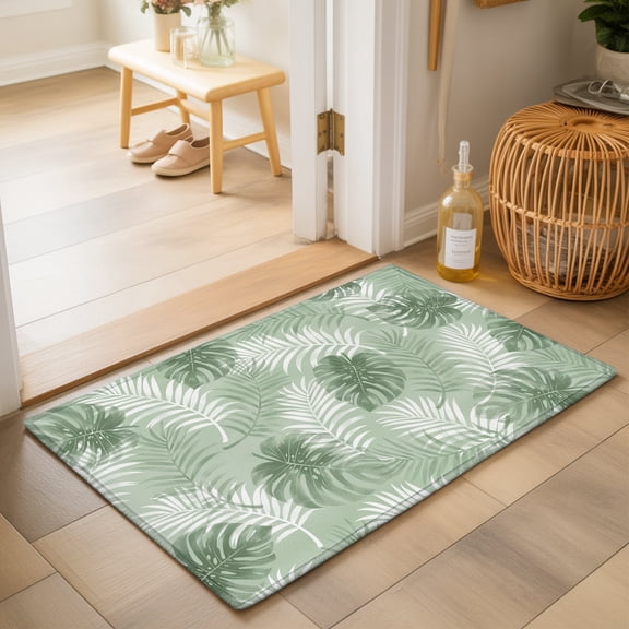 Sage Green Leaf Washable Small Entryway Area Rugs 2'x3', Modern Green Palm Leaf Monstera Washable Throw Rug Non-Slip Sturdy Edge Binding Carpet for Front Door Floor Room Entry