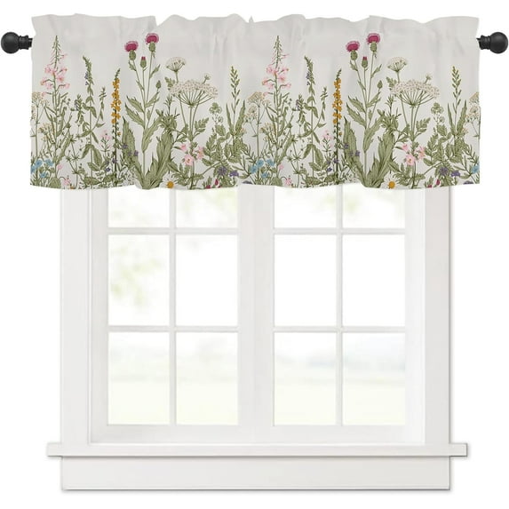 Sage Green Leaf Wildflower Kitchen Curtains Valances for Windows Spring Summer Leaves Rod Pocket Valance Window Treatments Farmhouse Toppers Curtain 54x18 Inch for Bedroom Bathroom Living Room Decor