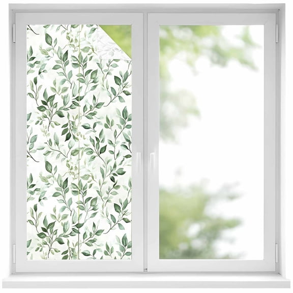 Sage Green Leaf Window Privacy Film, Country Eucalyptus Nature Plant Branch Static Cling UV Sun Blocking Heat Control Window Tint, Non-Adhesive One Way Windows Privacy Cover 17.7''x39.3''