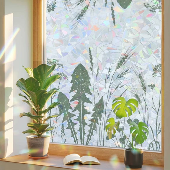 Sage Green Leaf Window Privacy Film, Country Green Ferns Dandelion Wild Grass Stained Glass Rainbow Film Decorative Window Clings, Static Cling Sun Blocking Stickers 19.6" x 39.3"