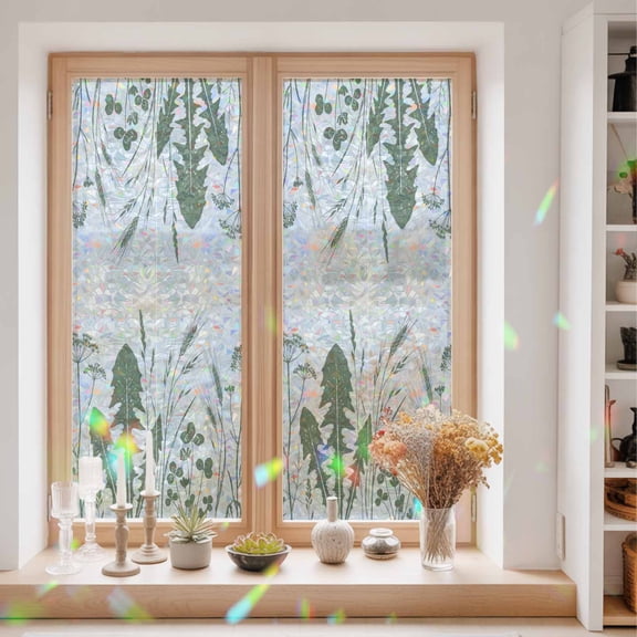 Sage Green Leaf Window Privacy Film Country Green Ferns Dandelion Wild Grass Static Cling Stained Glass Window Film Non-Adhesive Decorative Decals Rainbow Sticker 23.6"X59"