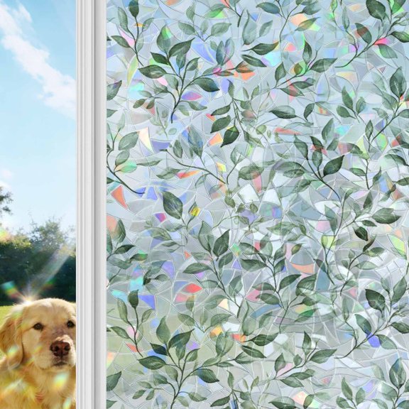 Sage Green Leaf Window Privacy Film Stain Glass,Reusable Decorative Rainbow Window Film,Country Eucalyptus Nature Plant Branch Static Cling Sun Blocking Stickers Decals Covers 17.7" x 39.3" (2pcs)