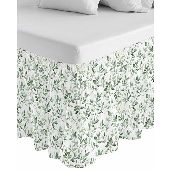 Sage Green Leaf Wrap Around Bed Skirts for Queen Bed 18" Drop,Bed Skirt with Adjustable Elastic Belt Dust Ruffle Bed Valance for Bedroom Hotel Country Eucalyptus Nature Plant Branch Bed Frame Cover