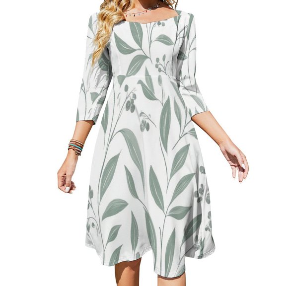 Sage Green Leafy Floral Pattern Womens Summer Dress Tie Back A Line Flare Dress