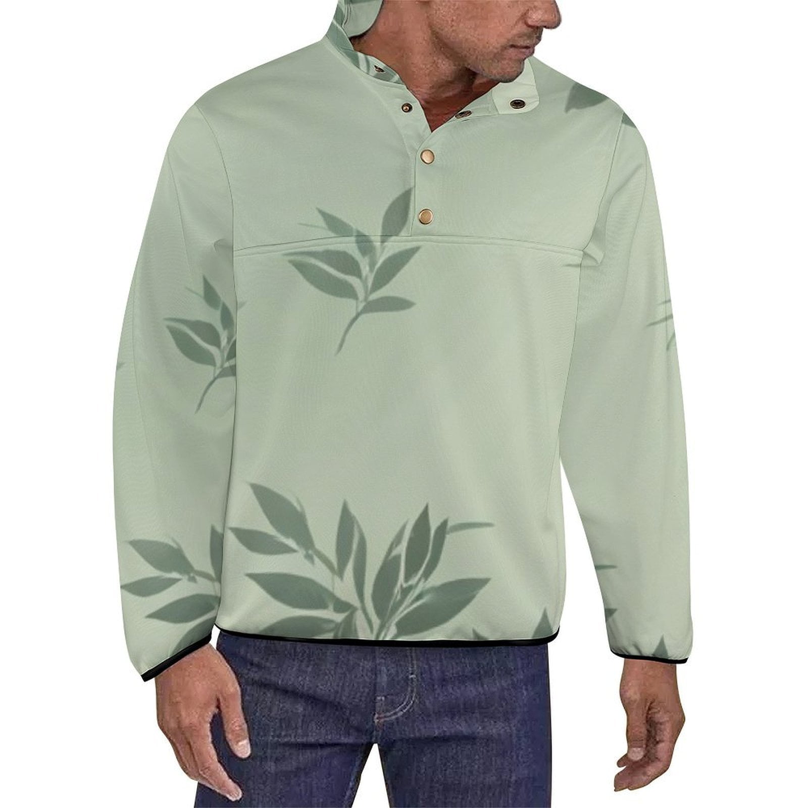 Sage Green Leave Men's Stand Collar Sweater Long Sleeve Clothing Loose ...
