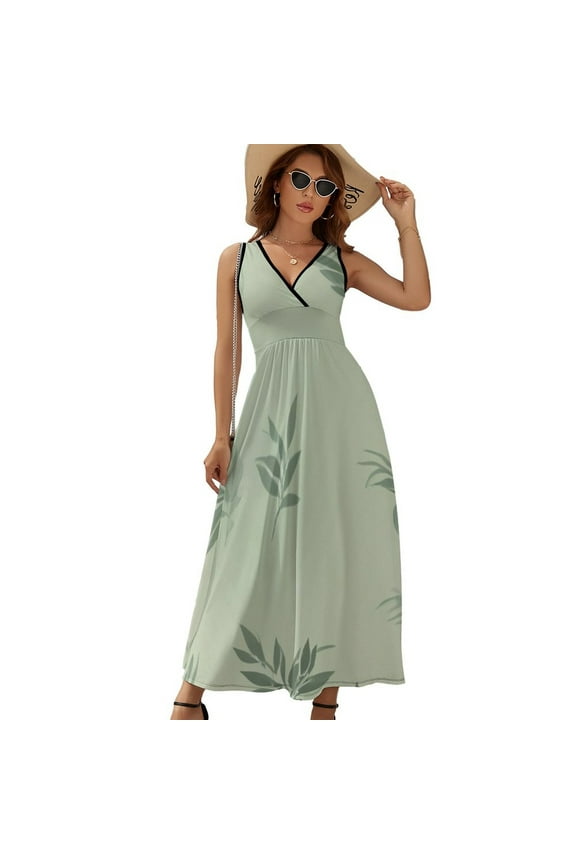 Sage Green Leave Sleeveless Dress Dresses Women Summer Evening Dresses Ladies Bohemia Long Dresses