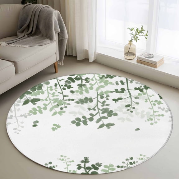 Sage Green Leaves 3ft Area Rug, Summer Botanical Washable Non-Slip Small Round Rugs for Entryway Bedroom Kitchen, Soft Circle Carpet for Dining Room, Playroom Nursery Rug Farmhouse Abstract Art