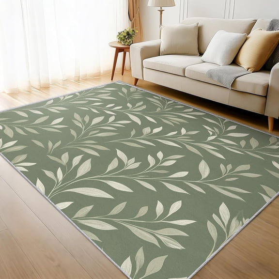 Sage Green Leaves Area Rug, Botanical Plant Leaf Indoor Carpet, Washable Non Slip Low Pile Soft Thin Rug for Living Room Bedroom Home Decor Mat 2x3ft