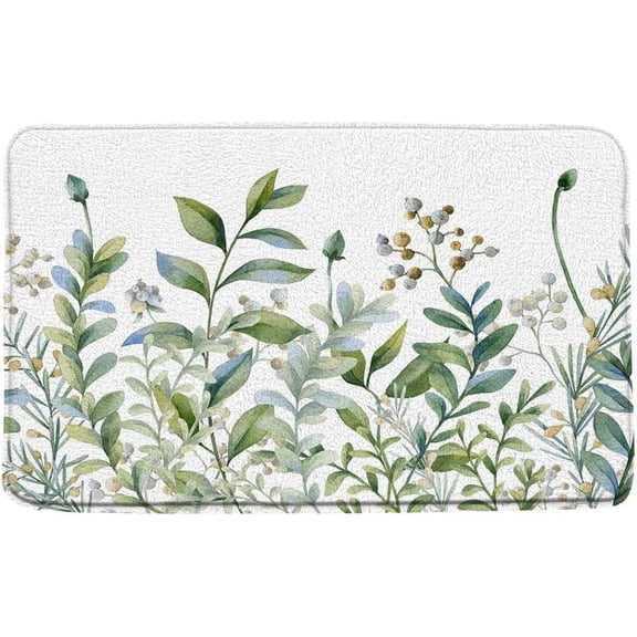 Sage Green Leaves Bath Mat Watercolor Plant Eucalyptus Leaves Floral Botanical Green and White Spring Nature Bathroom Rug Absorbent Doormat Kitchen Toilet Floor Rug