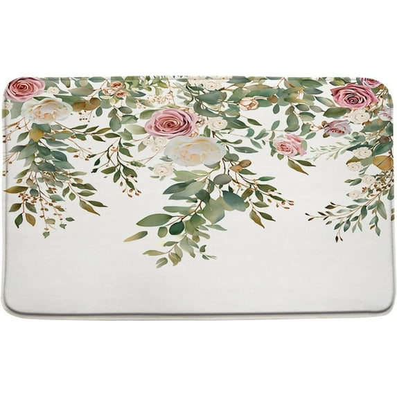 Sage Green Leaves Bath Mat Watercolor Plant Eucalyptus Leaves Floral Botanical Green and White Spring Nature Bathroom Rug Absorbent Doormat Kitchen Toilet Floor Rug