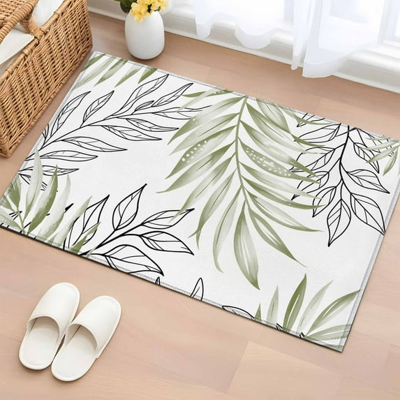Sage Green Leaves Bathroom Rug Washable 2x3 Entryway Rug Non Slip Abstract Modern Geometric Lines Simple Art Front Door Mat Low Pile Indoor Doormat Throw Floor Carpet for Kitchen Bedroom Entrance