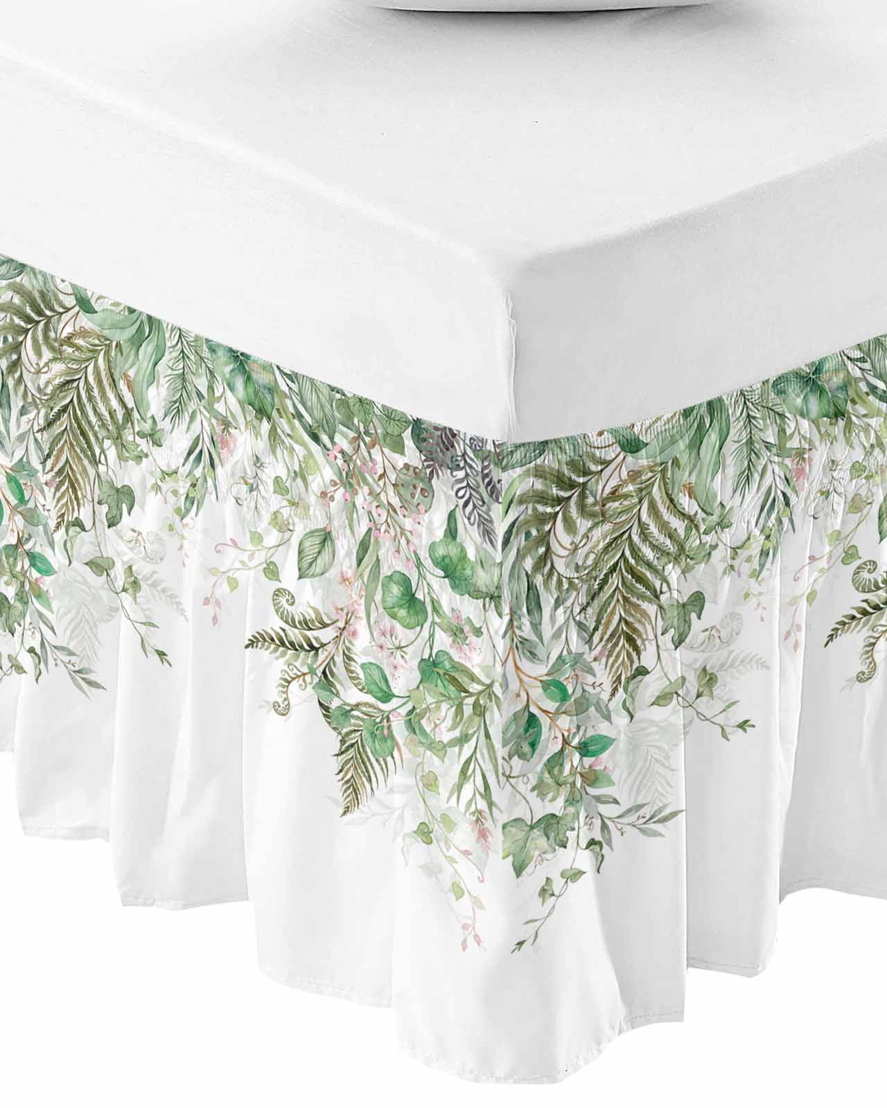 Sage Green Leaves Bed Skirt Queen Size 18 Inch Drop, Wrap Around Bed Skirts, Weeping Spring Floral Elegant Pastoral Elastic Bedskirt Pleated Bed Frame Cover Luxurious Dust Ruffle for Queen Bed