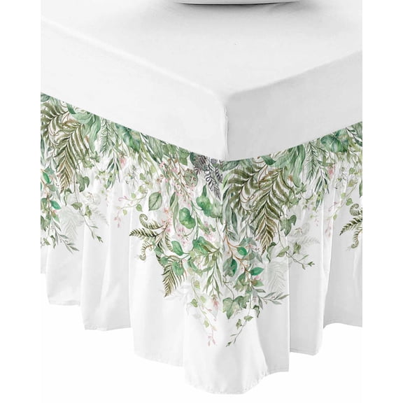 Sage Green Leaves Bed Skirt Queen Size 18 Inch Drop, Wrap Around Bed Skirts, Weeping Spring Floral Elegant Pastoral Elastic Bedskirt Pleated Bed Frame Cover Luxurious Dust Ruffle for Queen Bed