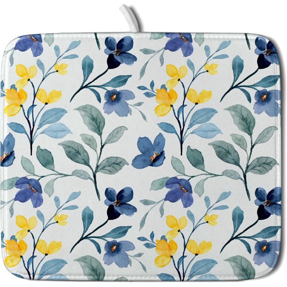 Sage Green Leaves Dish Drying Mat for Kitchen Counter Spring Yellow Floral Drying Mat 16 x 18 Inch with Absorbent Reversible Microfiber Dish Drying Pad Dish Rack Drainer Mat for Coffee Bar