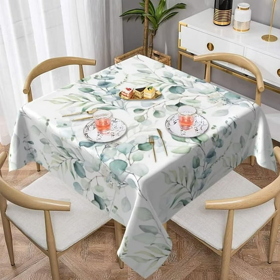 Sage Green Leaves Floral Tablecloth 52x52 Inch Square, Spring Summer Table Cloth Watercolor Eucalyptus Leaf Tablecloths Polyester Fabric Farmhouse Decorative for Home Kitchen Dining Party