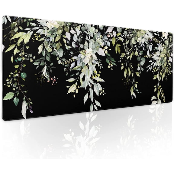 Sage Green Leaves Gaming Mouse Pad XL Spring Summer Floral Extended Large Desk Mat Black Big Mousepad Non-Slip Rubber Base Stitched Edge Long for Desktop Office Computer Gamer,31.5×11.8 in