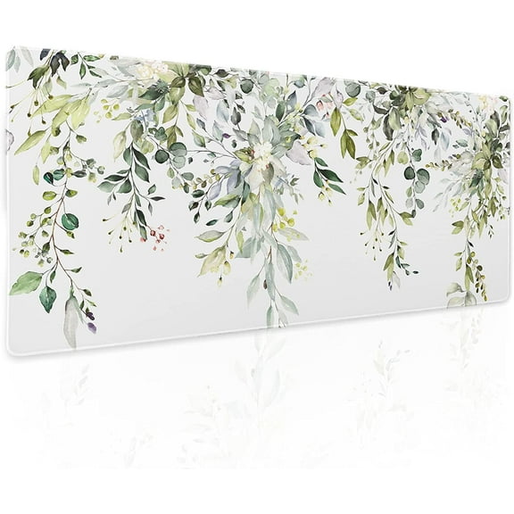 Sage Green Leaves Gaming Mouse Pad XL Spring Summer Floral Extended Large Desk Mat White Big Mousepad Non-Slip Rubber Base Stitched Edge Long Desk Pad for Desktop Office Computer Gamer,31.5×11.8 in