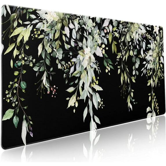 Sage Green Leaves Gaming Mouse Pad XXL Spring Summer Floral Extended Large Desk Mat Black Big Mousepad Non-Slip Rubber Base Stitched Edge Long Mousepad for Desktop Office PC, 35.4 x 15.7 inches