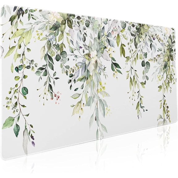 Sage Green Leaves Gaming Mouse Pad XXL Spring Summer Floral Extended Large Desk Mat White Big Mousepad Non-Slip Rubber Base Stitched Edge Long Mousepad for Desktop Office Gamer, 35.4 x 15.7 inches